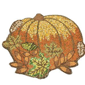 NEW x4 Sigrid Olsen Pumpkin Beaded Sequin Placemat Set Orange Fall Decor 15”